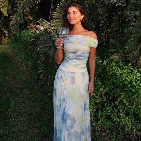 Abercrombie & Fitch Dresses & Skirts - Abercrombie & Fitch Giselle Midi Dress - Off the Shoulder Blue and Green